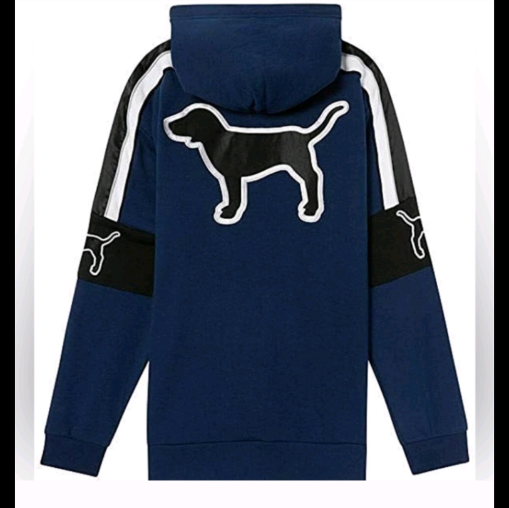 PINK VS Sherpa Satin Dog Quarter Zip Fleece Lined Hood Sweatshirt Navy Blue, Blk